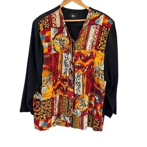 Tofy Womens Boho Patchwork Floral Shirt Jacket Sz 3XL Artsy Maximalist Eclectic